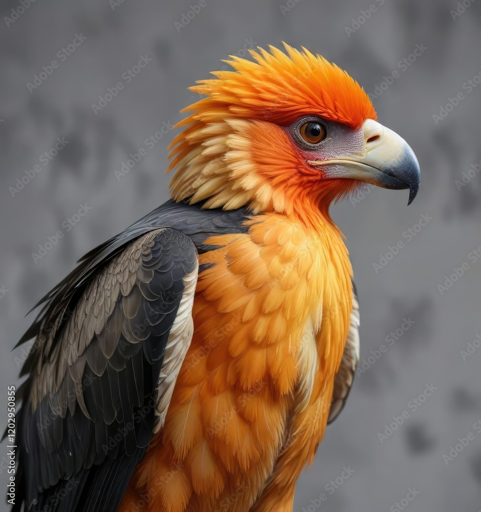 Caracara bird with bright orange feathers on a neutral grey background, orange, color, background Caracara bird with bright orange feathers on a neutral grey background, orange, color, background