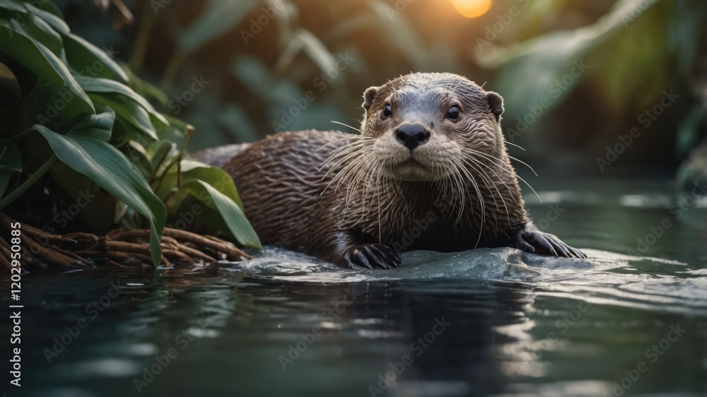 Fototapeta premium A serene otter resting on a rock by the water, surrounded by lush greenery at sunset.