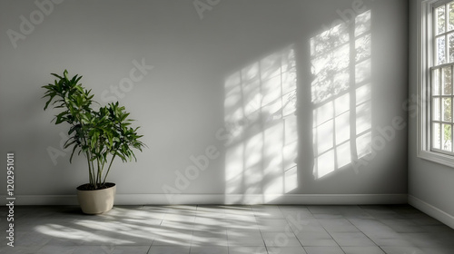 Empty Room with Potted Plant, Window, and Sunlight Streaming Through, Creating Shadows.
