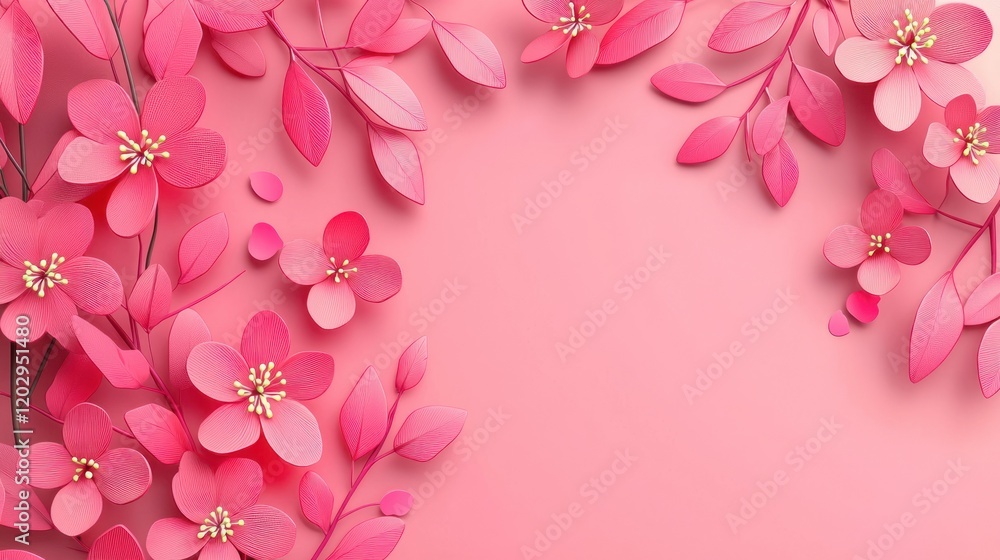 Pink paper flowers and leaves frame on pink background