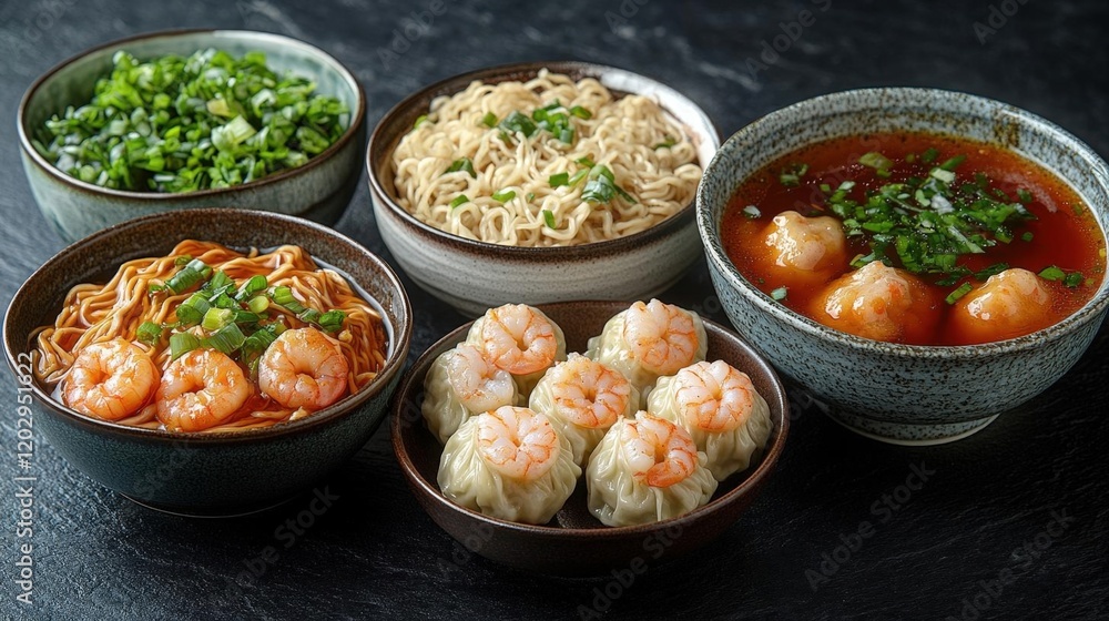 Aromatic Asian Cuisine: Shrimp Noodles, Dumplings, and Spicy Soup in Bowls Aromatic Asian Cuisine: Shrimp Noodles, Dumplings, and Spicy Soup in Bowls