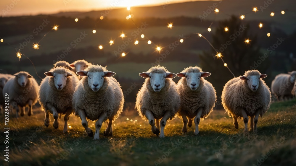 Fototapeta premium A herd of sheep running towards the camera at sunset, surrounded by twinkling lights.