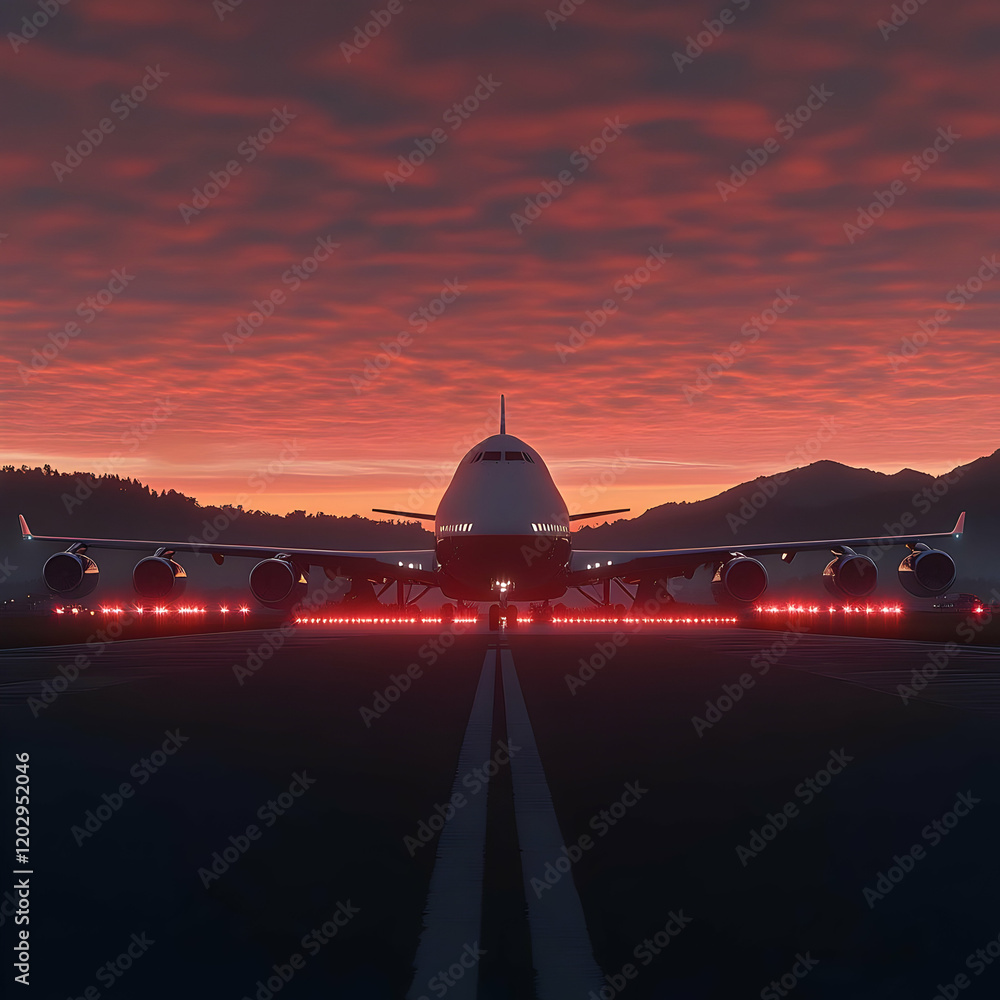 Obraz premium Airplane Stands on the Runway at Sunset with Dramatic Sky in Background