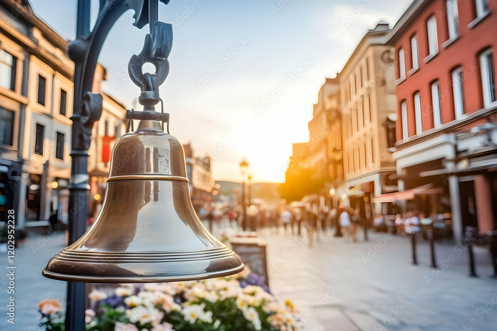 Obraz premium Shiny Brass Bell Hangs in a City Street at Sunset with Blurred Buildings and People