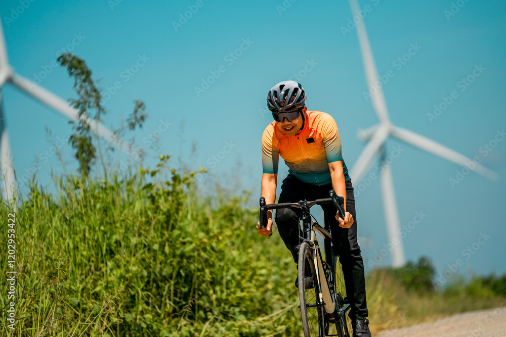 Cyclist enjoying a sunny ride near wind turbines in a scenic landscape with vibrant greenery Cyclist enjoying a sunny ride near wind turbines in a scenic landscape with vibrant greenery