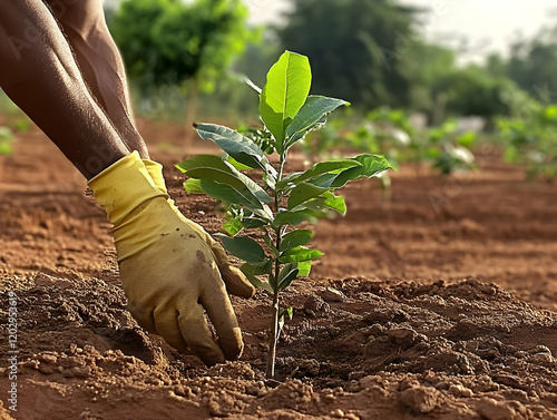 Gloved Hands Plant a Saplin...