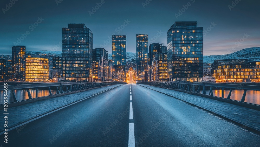 Urban Landscape at Night with a Beautiful Christmas Tree Framing the Road, Illuminated City Buildings, and a Calm Atmosphere Under a Starry Sky Urban Landscape at Night with a Beautiful Christmas Tree Framing the Road, Illuminated City Buildings, and a Calm Atmosphere Under a Starry Sky