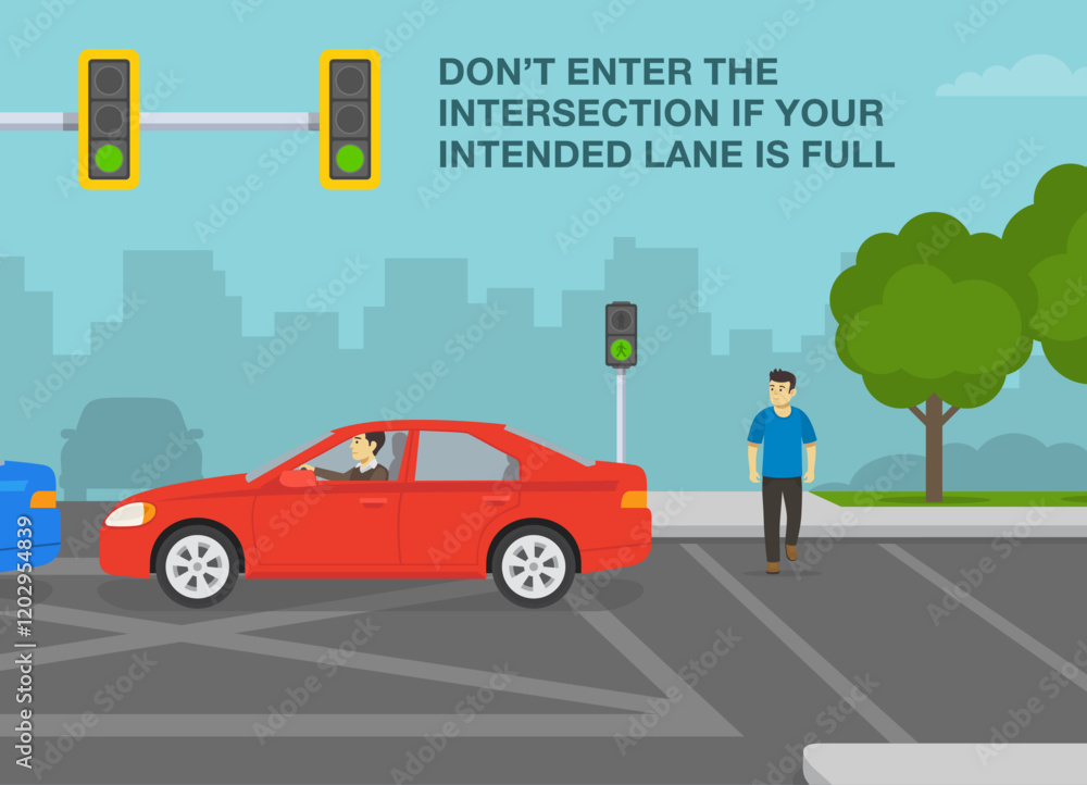Naklejka premium Safe driving tips and traffic regulation rules. Don't enter the intersection if lane is full. Steam of cars obstructed the intersection. Side view. Flat vector illustration template.