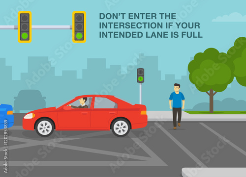 Safe driving tips and traffic regulation rules. Don't enter the intersection if lane is full. Steam of cars obstructed the intersection. Side view. Flat vector illustration template.
