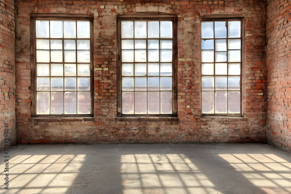 Fototapeta premium Empty Room with Three Large Windows and Sunlight Streaming Through, Showing Brick Wall