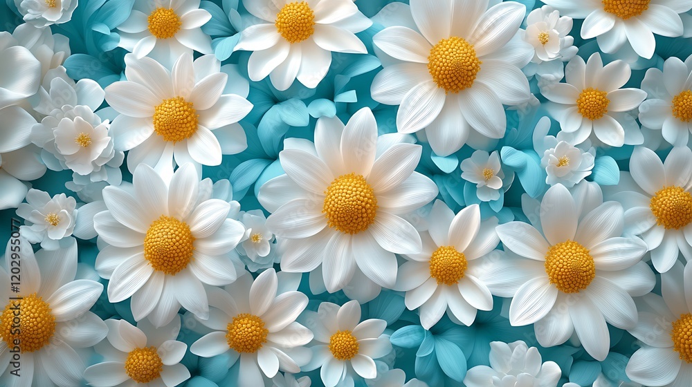 4D A pattern of teal and yellow flowers with white petals, 4D A pattern of teal and yellow flowers with white petals,