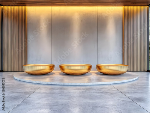 Three Gold Bowls Sit on a R...