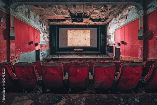 Abandoned movie theater interior slung derelict forsaken outcast photo