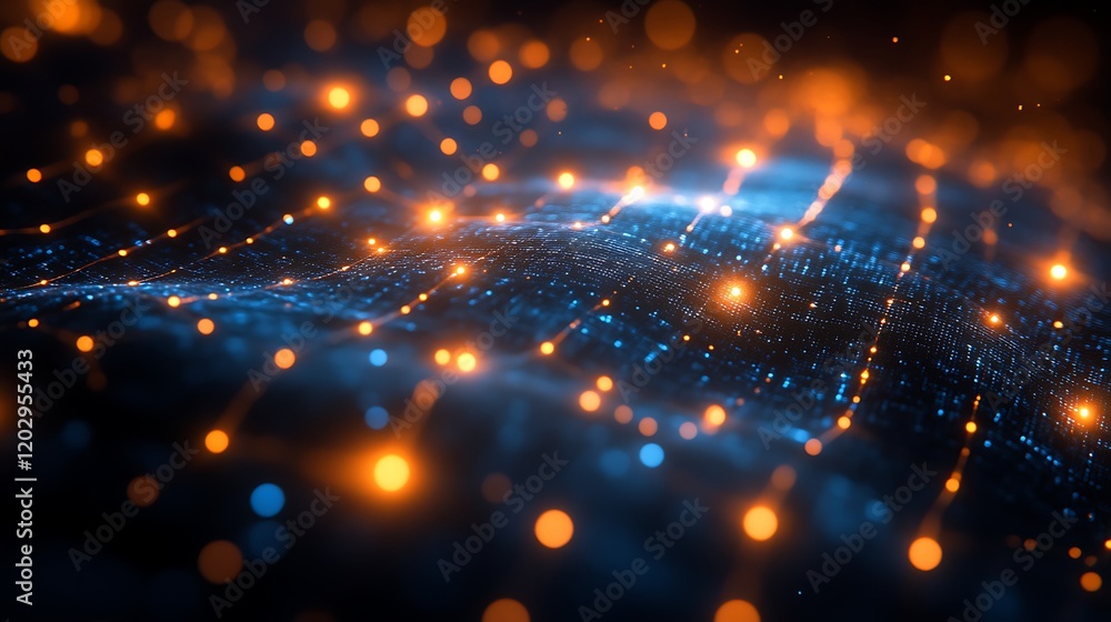 Fototapeta premium Abstract digital wave with glowing orange and blue lights