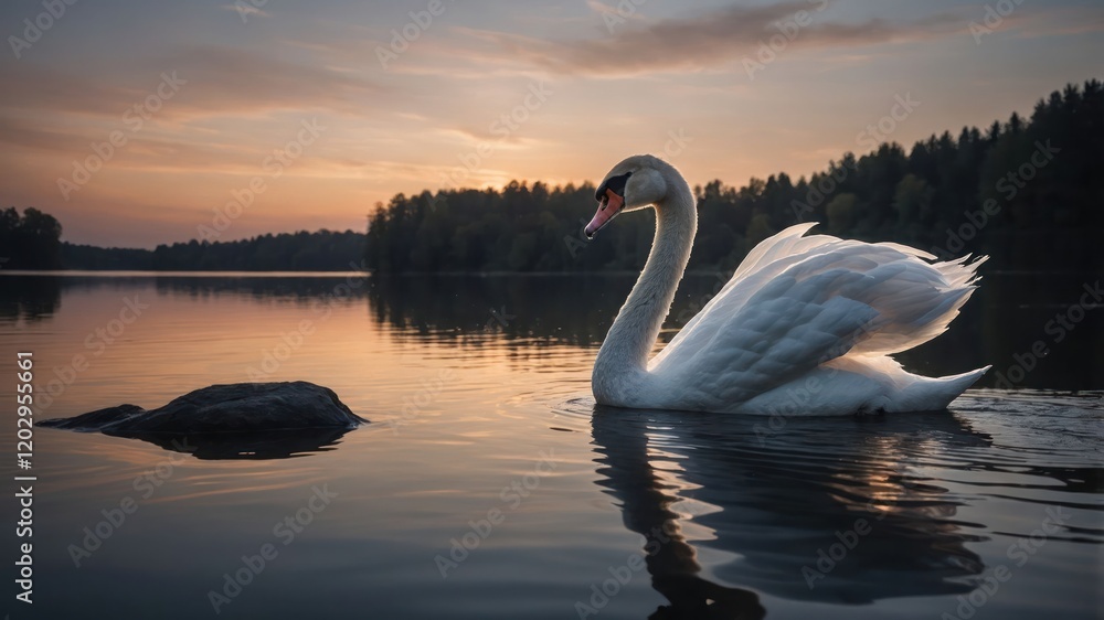 Fototapeta premium A serene swan glides gracefully across a tranquil lake at sunset.