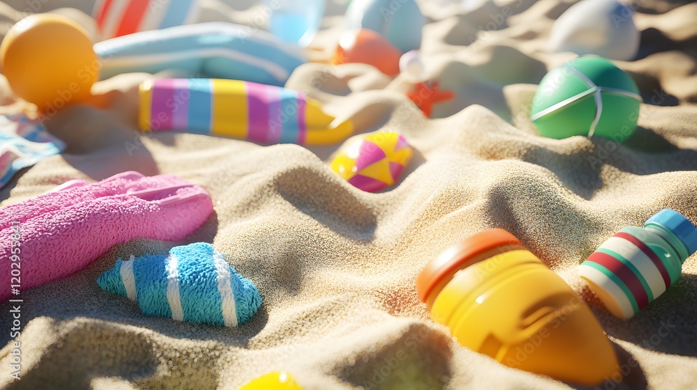 Fototapeta premium Colorful Beach Toys Scattered On Sandy Shore