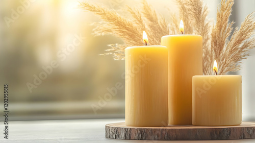 Three Lit Candles on a Wood...
