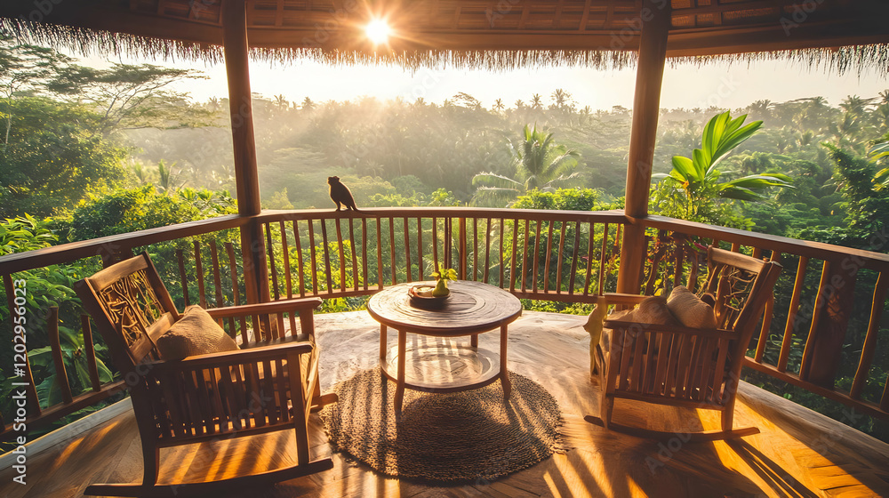 Fototapeta premium Tranquil Sunrise Balcony Overlooks Lush Tropical Rainforest with Rocking Chairs