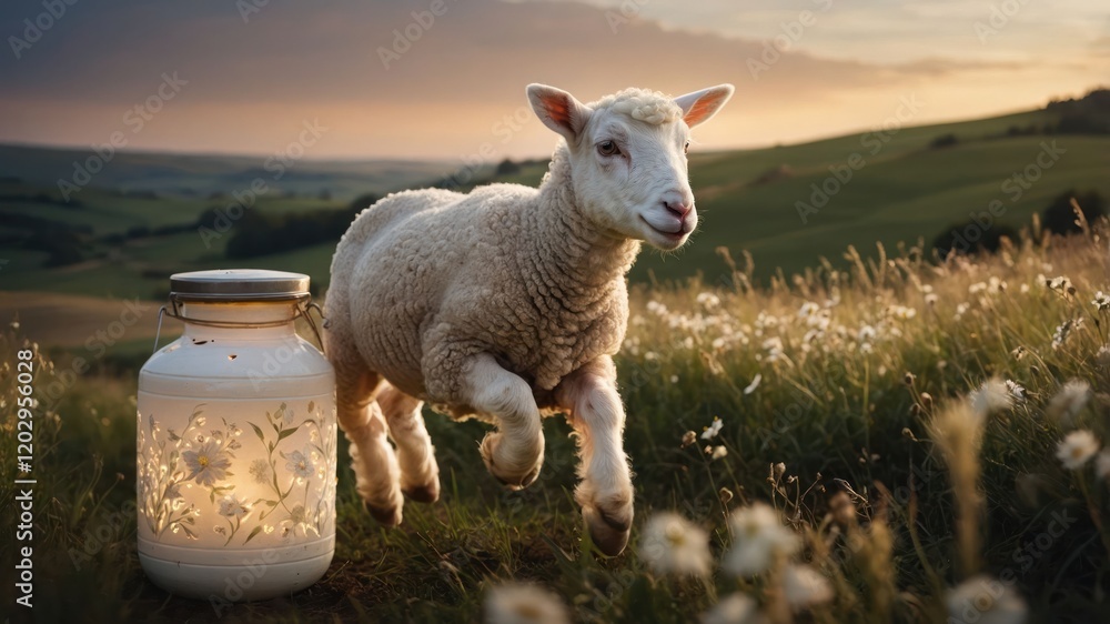 Obraz premium A playful lamb jumps in a meadow next to a glowing lantern at sunset.