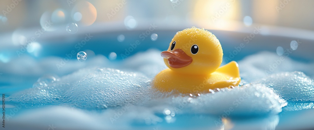 Rubber ducky in bubbly bath, close-up. Baby bath time fun Rubber ducky in bubbly bath, close-up. Baby bath time fun