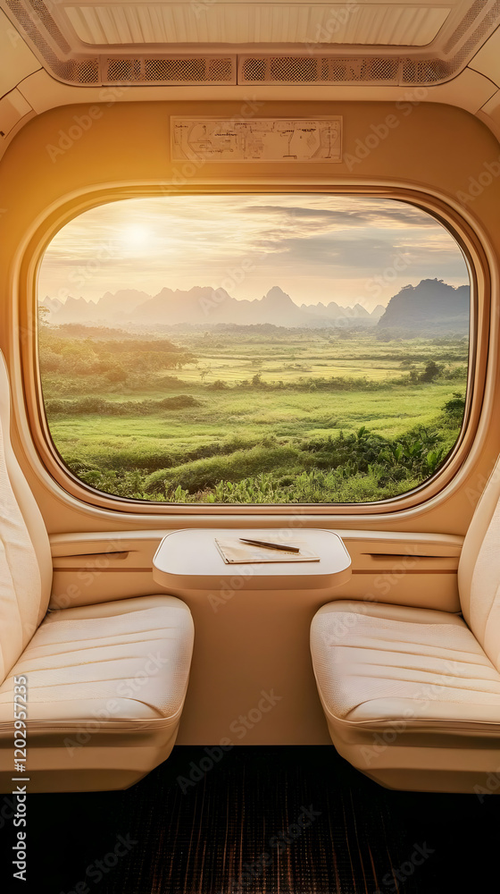 Luxury Train Journey Through Scenic Green Fields and Mountains at Sunset. Luxury Train Journey Through Scenic Green Fields and Mountains at Sunset.