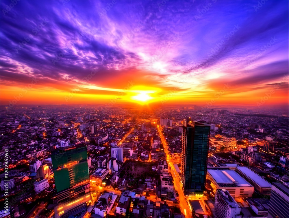 Fototapeta premium Vibrant Cityscape Paints the Horizon with a Dramatic Sunset Glow