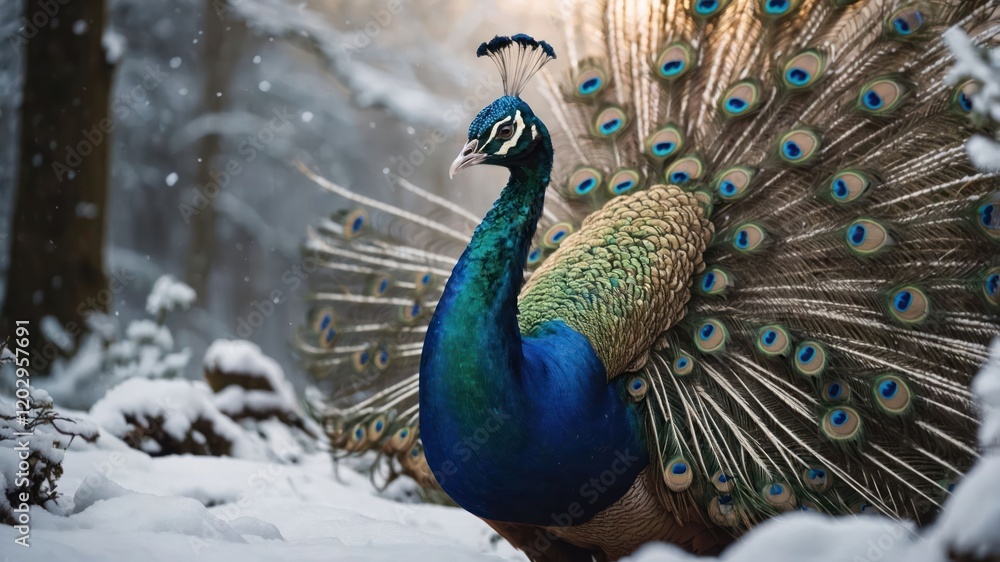 Fototapeta premium A vibrant peacock displaying its feathers in a snowy forest setting.