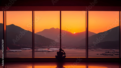 Silhouetted person sits wat...