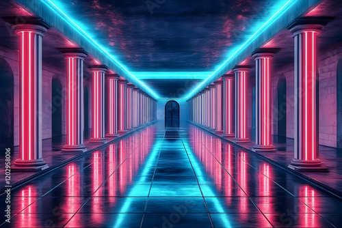 Neon-Lit Hallway with Colum...