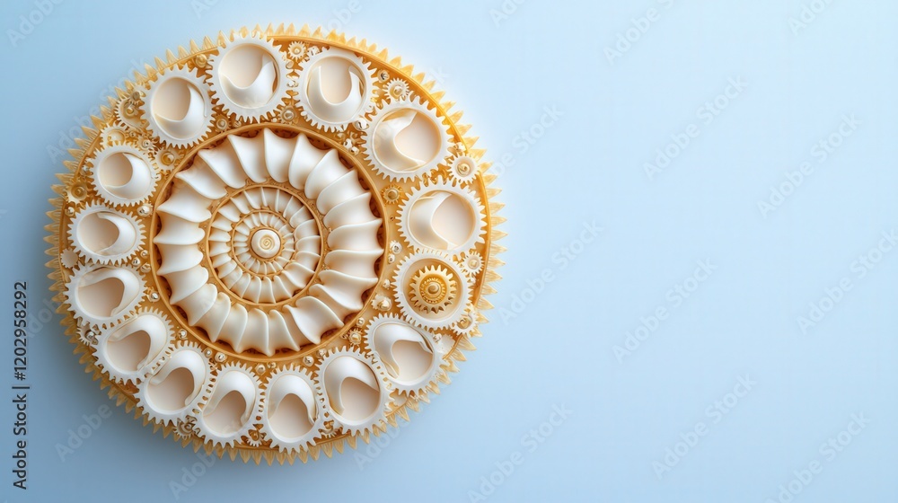 Complexity geometry and detailed, A beautifully arranged spiral of seashells intricately designed, showcasing natural patterns and textures against a soft blue background. Complexity geometry and detailed, A beautifully arranged spiral of seashells intricately designed, showcasing natural patterns and textures against a soft blue background.