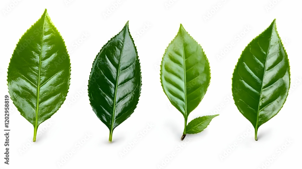Fototapeta premium Four Vibrant Green Leaves Isolated on a White Background