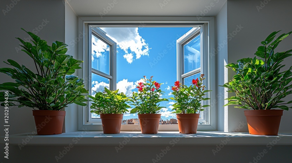 Potted plants on windowsill, open window, sunny sky view Potted plants on windowsill, open window, sunny sky view