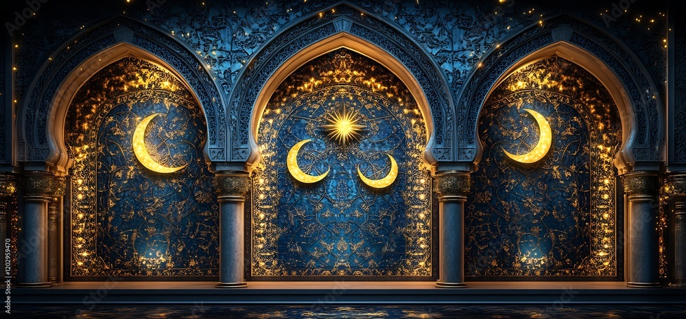 Elegant Arabian Nights Inspired Interior with Golden Moons and Star on Dark Blue Mosaic Elegant Arabian Nights Inspired Interior with Golden Moons and Star on Dark Blue Mosaic