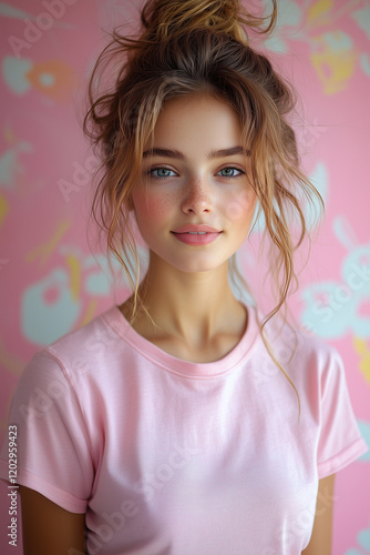 Wallpaper Mural Cheerful Girl in Soft Pink T-Shirt and White Leggings with Playful Patterns Torontodigital.ca