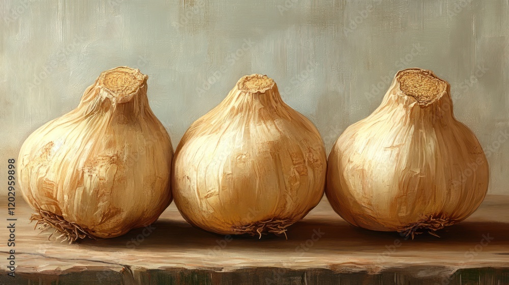 Obraz premium Three golden onions arranged on a rustic wooden surface, showcasing their natural texture and color