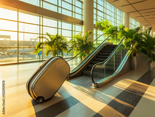 Luggage Sits by Escalator i...