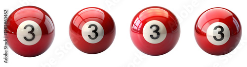 A set of sleek Red billiard ball featuring the number 3 prominently displayed