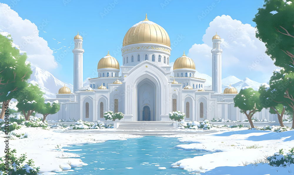Fototapeta premium Majestic mosque, winter landscape, snowy scene, game asset