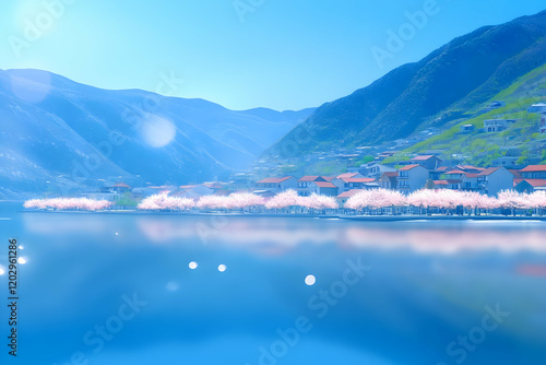 Lakeside village with bloss...