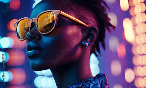 A stylish individual with sunglasses in a vibrant, neon-lit environment.
