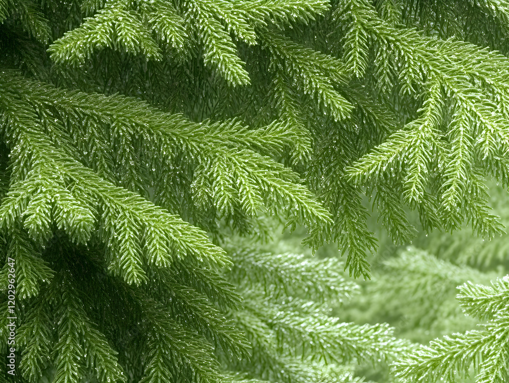 Close-up of Lush Green Pine Branches Adorned with Dewdrops, creating a serene natural backdrop. Close-up of Lush Green Pine Branches Adorned with Dewdrops, creating a serene natural backdrop.