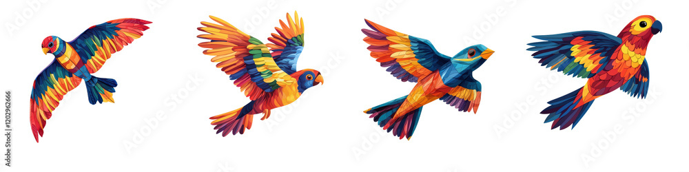 Fototapeta premium Flock of Multicolored Parrots Soaring and Perching in Lush Tropical Rainforest Environment Exotic Avian Wildlife Freedom and Beauty of Nature