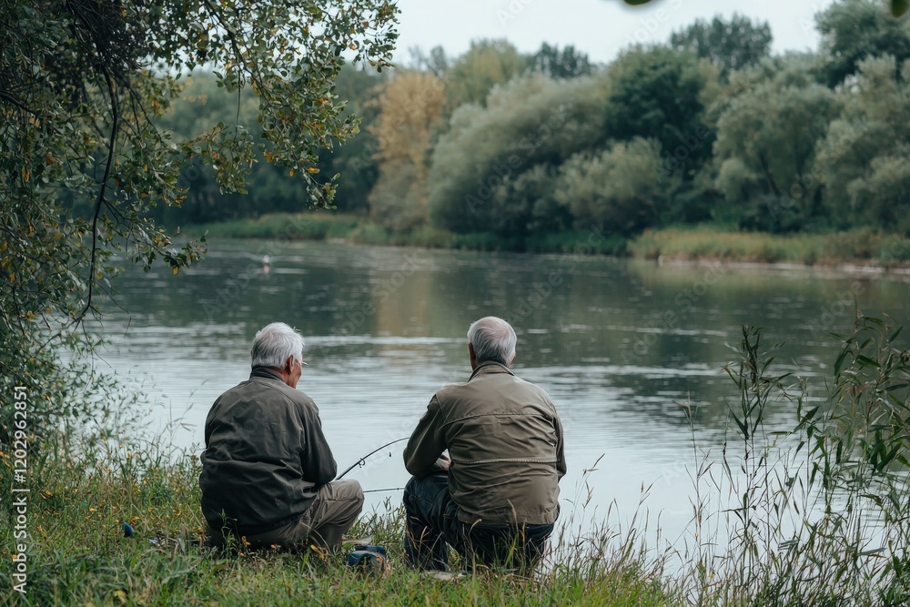 A man learning how to fish with an elderly mentor by a calm river, A man learning how to fish with an elderly mentor by a calm river,