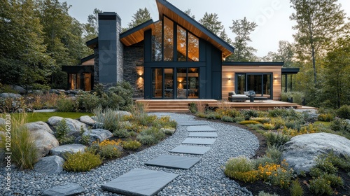 Modern mountain home with stone pathway, landscaping, and forest background. Ideal for real estate or architectural magazines