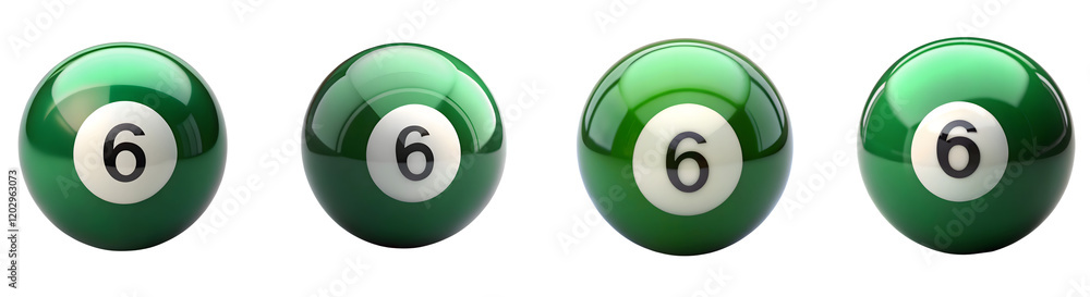 A set of sleek Green billiard ball featuring the number 6 prominently displayed A set of sleek Green billiard ball featuring the number 6 prominently displayed