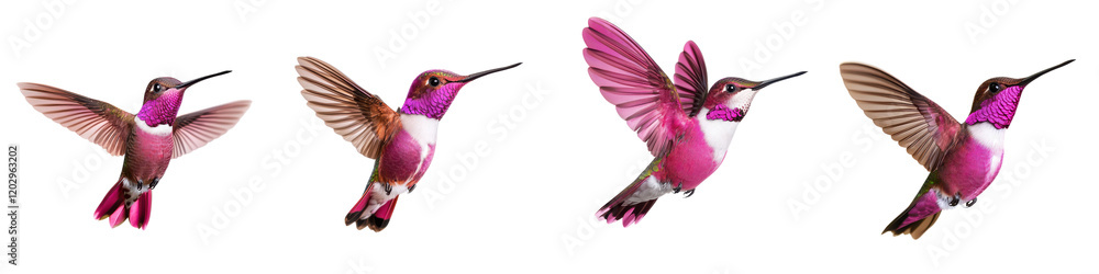 Naklejka premium Vibrant and Colorful Hummingbirds Captured in Mid Flight Showcasing Their Intricate Feathers Graceful Movements and Fascinating Aerial Agility as They Hover and Dart Through the Air