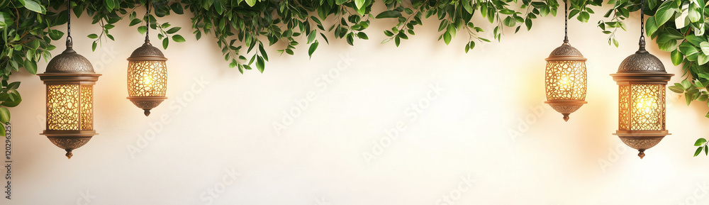 Ramadan background with ample copy space, greenery hanging from the top of the page, Ramadan lamps on the right side, white background Ramadan background with ample copy space, greenery hanging from the top of the page, Ramadan lamps on the right side, white background