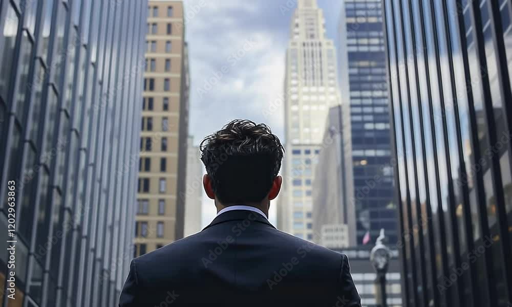 Businessman in a suit gazing up at skyscrapers in a bustling city, reflecting ambition and urban life Businessman in a suit gazing up at skyscrapers in a bustling city, reflecting ambition and urban life