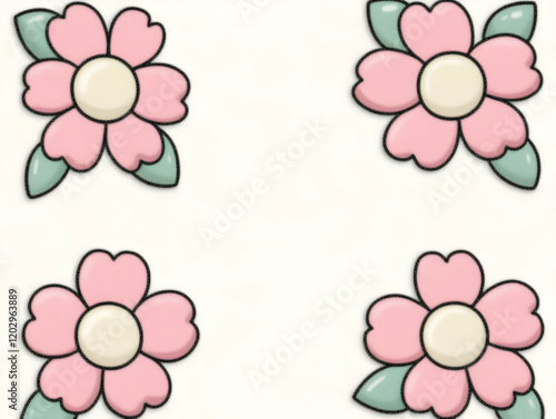 Four Pink Flowers with Gree...