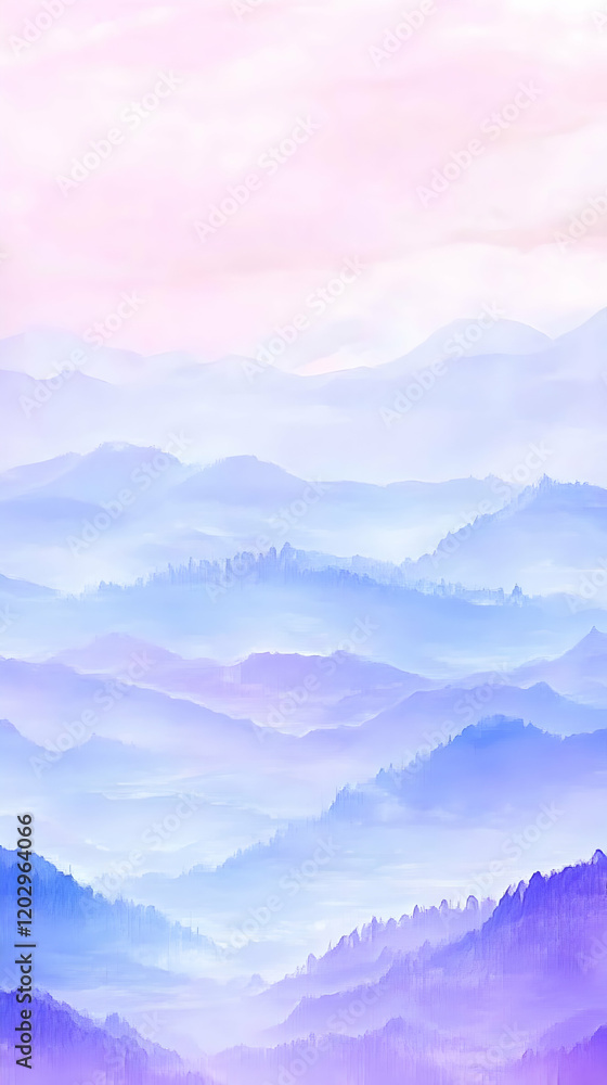 Abstract Purple Blue Mountain Range stretches into the distance with a soft pastel sky Abstract Purple Blue Mountain Range stretches into the distance with a soft pastel sky